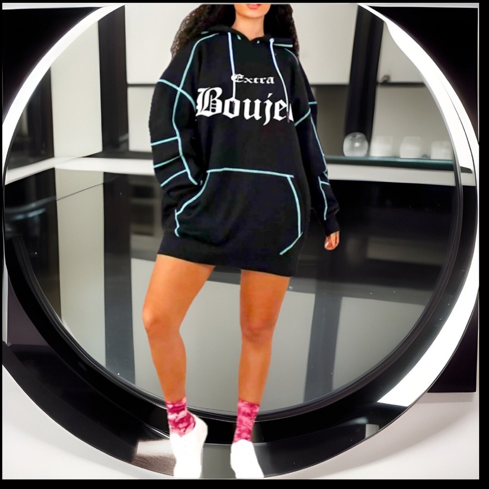 EXTRA BOUJEE Hooded Kangaroo PK Loose Fit Pullover Long Sleeve Mini Shirt Dress